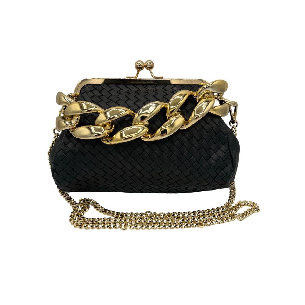 Stella Bianca Black Woven Leather Kiss Lock Crossbody Clutch Gold Chain Italy